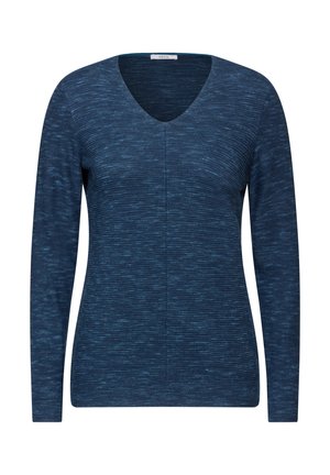 Suéter de manga larga con escote en V en azul oscuro, con un patrón de rayas texturizado; tejido de punto suave con una forma ligeramente ajustada.