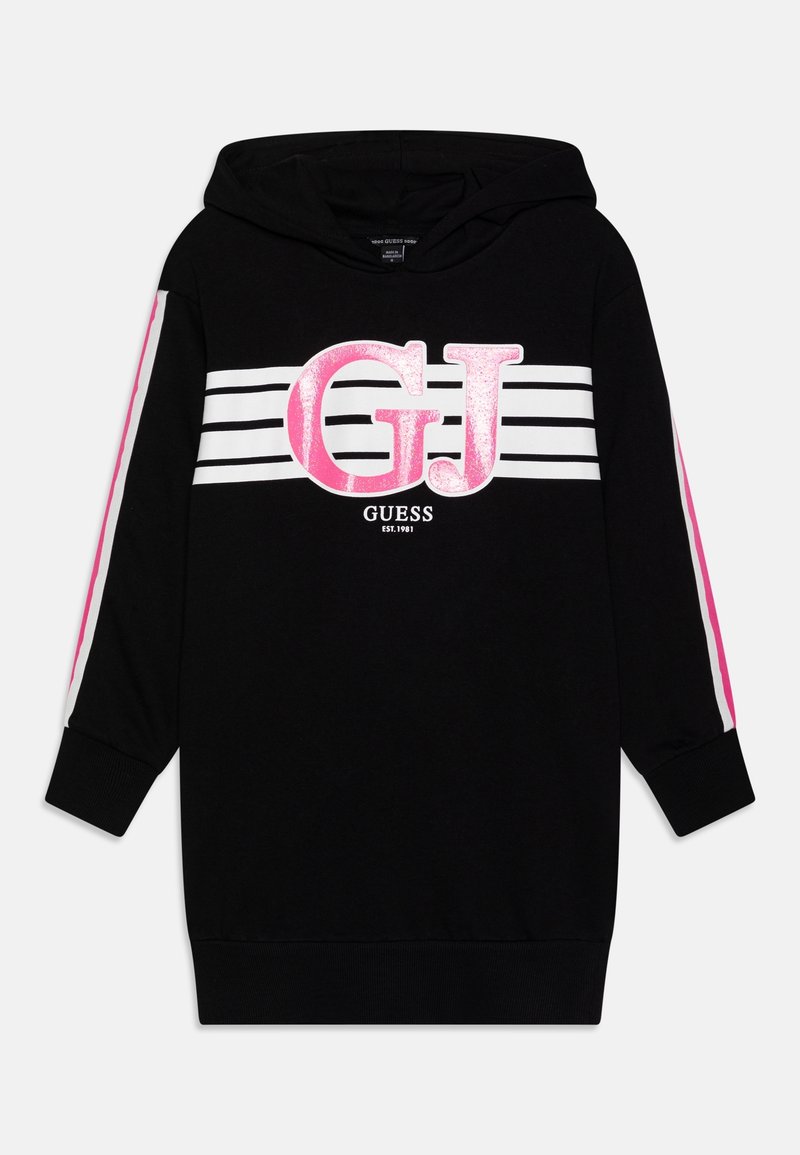 Robe à capuche noire avec logo "GJ" rose, rayures blanches sur la poitrine, et rayures roses et blanches sur les manches.
