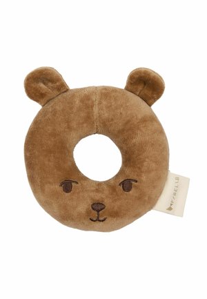 Pruun sametist rõngaskujuline beebimänguasi karu näo tikandiga ja kahe ümara kõrvaga, küljes kangast silt.