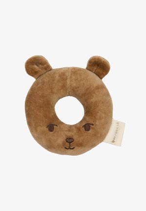 Brązowa, pluszowa grzechotka w kształcie pierścienia z haftem twarzy misia i dwoma okrągłymi uszami, z zawieszką z tkaniny z boku.