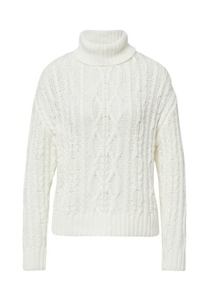Maglione bianco lavorato a maglia con colletto alto, caratterizzato da un motivo a trecce spesso e polsini e orlo a costine. Tessuto morbido e testurizzato.