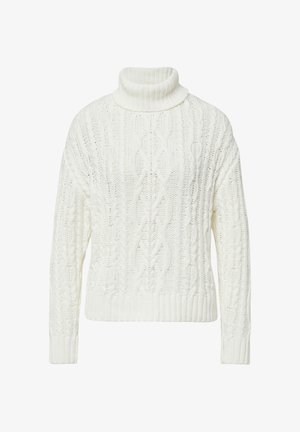Maglione bianco lavorato a maglia con colletto alto, caratterizzato da un motivo a trecce spesso e polsini e orlo a costine. Tessuto morbido e testurizzato.