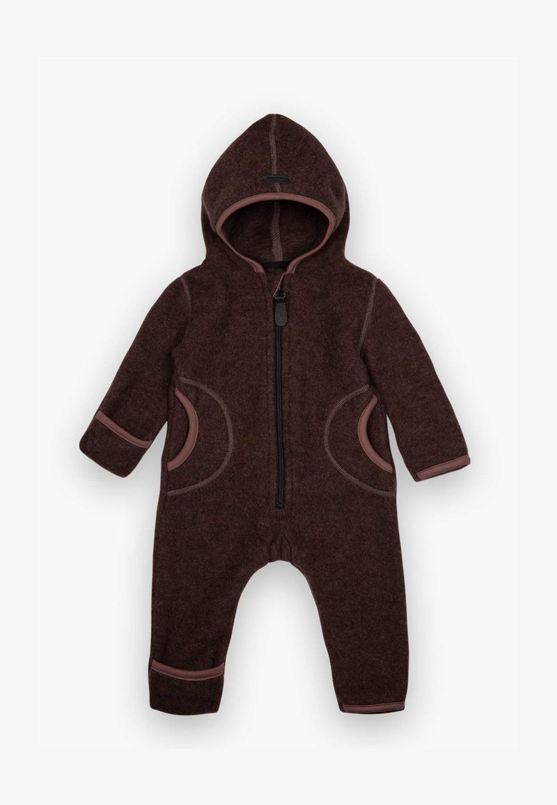 Brun fleece baby snowsuit med hette, glidelås foran og rosa detaljer. Har runde lommer og kontraststing. Myk tekstur overalt.