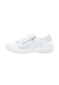 White sneaker with perforated design, grey accents, lace-up closure, and side zipper. Features a textured white sole for grip.
