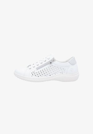 White sneaker with perforated design, grey accents, lace-up closure, and side zipper. Features a textured white sole for grip.