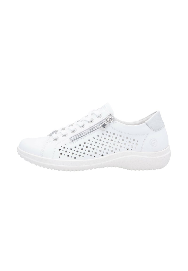 White sneaker with perforated design, grey accents, lace-up closure, and side zipper. Features a textured white sole for grip.