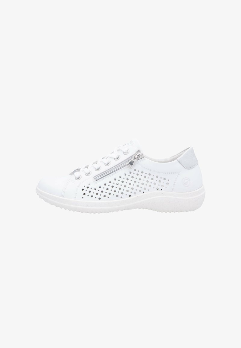 White sneaker with perforated design, grey accents, lace-up closure, and side zipper. Features a textured white sole for grip.