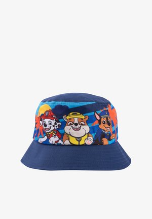 Cappello a secchiello blu con personaggi di cani dei cartoni animati su una fascia di tessuto colorata, con una visiera ampia e morbida e materiale liscio.