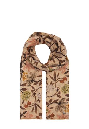 Light brown scarf with floral pattern in muted orange, green, and brown shades, folded to show detailing and fabric texture.
