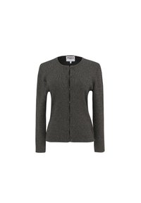Grauer Strickcardigan mit langen Ärmeln, rundem Halsausschnitt und durchgehender Knopfleiste. Besitzt ein strukturiertes Muster und einen dezenten Glanz.