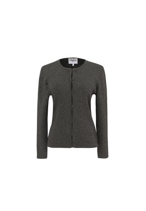 Gray knit cardigan with long sleeves, round neckline, and a button-down front. Features a textured pattern and subtle sheen.