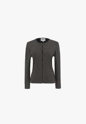 Grijze gebreide cardigan met lange mouwen, ronde hals en een knopenlijst aan de voorkant. Heeft een gestructureerd patroon en een subtiele glans.