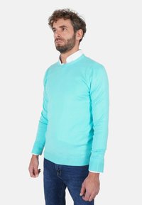 Maglione azzurro chiaro lavorato a maglia con scollo tondo e maniche lunghe, caratterizzato da polsini e orlo inferiore a coste, indossato sopra una camicia bianca con colletto.