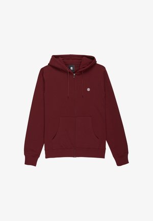 Bordeauxfarbene Zip-up-Hoodie aus weichem Stoff, mit Kapuze mit Kordelzug, Fronttaschen und kleinem Logo auf der linken Brustseite.