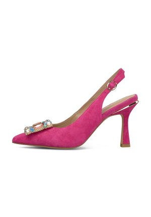 Zapato de tacón alto slingback de ante rosa con punta puntiaguda y decoración cuadrada con joyas en la parte frontal, con correa de hebilla dorada y tacón cónico.