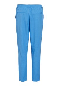 Heledad sinised püksid, millel on sile tekstuur, elastne vöökoht ja kaks tagumist taskut. Otse lõikega disain.