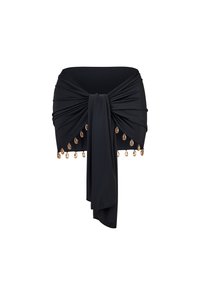 Gonna mini nera arricciata con nodo frontale e charms a forma di conchiglia dorati appesi lungo l'orlo.
