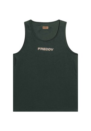 Top senza maniche di colore verde scuro, realizzato in tessuto morbido, con scollatura rotonda e un logo frontale color beige. Design semplice senza ulteriori motivi.