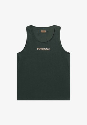 Top sin mangas de color verde oscuro, hecho de una tela suave, con un escote redondo y un logo en la parte frontal en color beige. Diseño sencillo sin patrones adicionales.