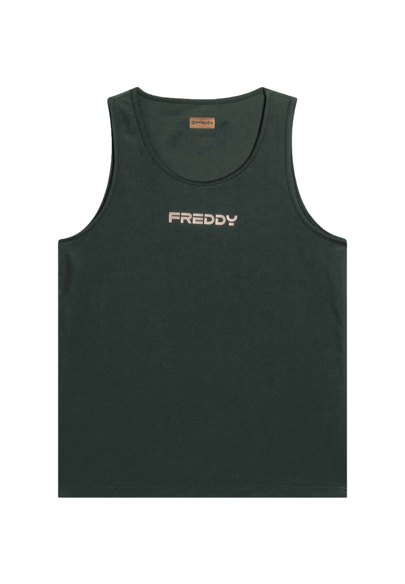 Top senza maniche di colore verde scuro, realizzato in tessuto morbido, con scollatura rotonda e un logo frontale color beige. Design semplice senza ulteriori motivi.
