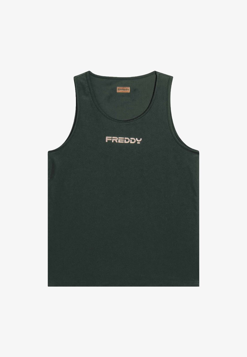 Débardeur vert foncé en tissu doux, présentant un col rond et un logo beige sur le devant. Design simple sans motifs supplémentaires.