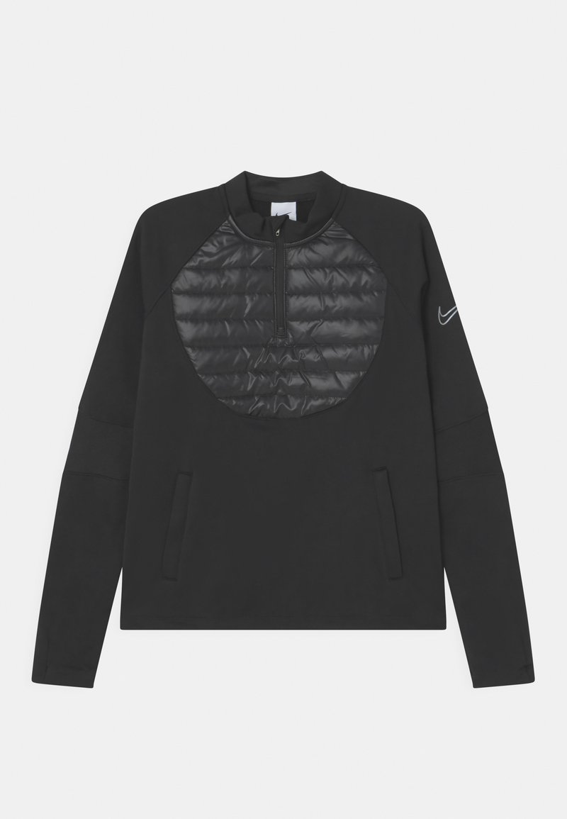 Schwarzer Kapuzenpullover mit einem gesteppten, glänzenden schwarzen Einsatz auf der Brust, halbem Reißverschluss am Halsausschnitt und Seitentaschen, mit langen Ärmeln und elastischen Bündchen.