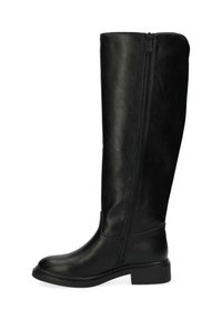 Kolenové černé kožené boty z umělé kůže s bočním zipem, kulatou špičkou, blokovým podpatkem a hladkým povrchem. Jednoduchý design bez ozdob.