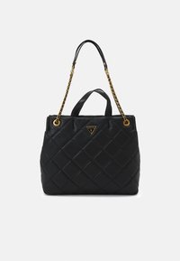Sac à main matelassé noir en cuir avec des anses en chaîne dorée, arborant un accent logo en triangle et deux poignées supérieures pour le transport.