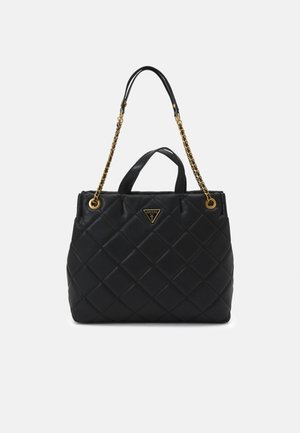 Black quilted handbag made of leather with gold-tone chain straps, featuring a triangular logo accent and dual top handles for carrying.