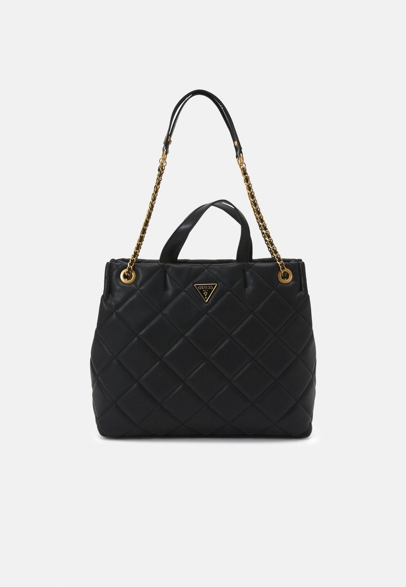 Zwarte, gewatteerde handtas van leer, met gouden kettingriemen, voorzien van een driehoekig logoaccent en dubbele bovenhandgrepen voor het dragen.