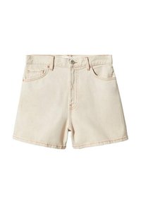 Pantalones cortos de mezclilla beige con cintura ajustada y cuatro bolsillos. Presentan costuras de color naranja claro y un cierre frontal con botón metálico.