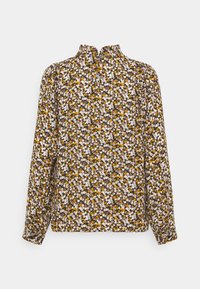 Blouse à manches longues avec petit motif floral blanc, jaune et marron, col montant à volants et fermeture à boutons à l'avant.