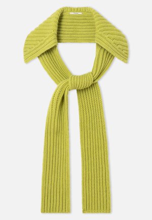 Dziany szalik w jaskrawo limonkowym kolorze, z szerokim kołnierzem i długimi, prążkowanymi końcami. Miękka tekstura z wiązaniem na środku do zapinania.