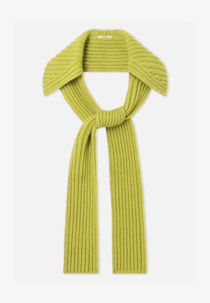Gestrickter Schal in leuchtendem Limettengrün, mit einem breiten Kragen und langen, gerippten Enden. Weiche Textur mit einer Schnürung in der Mitte zum Befestigen.