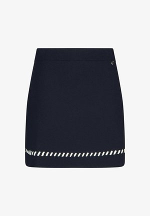 Jupe bleu marine à coupe ajustée avec une silhouette droite. Présente des coutures blanches le long de l'ourlet. Fermeture éclair sur le côté.