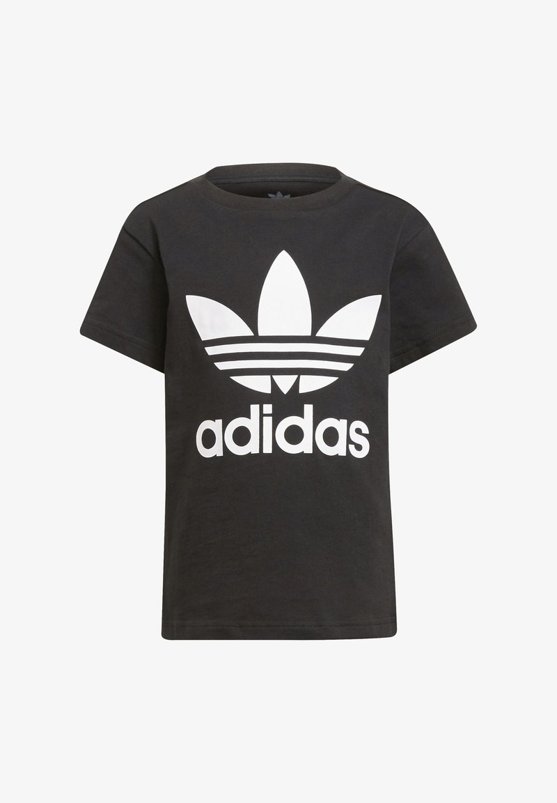 Zwarte katoenen T-shirt met een groot wit Adidas-logo met een trefoil-ontwerp en drie horizontale strepen. Klassieke ronde halsstijl.