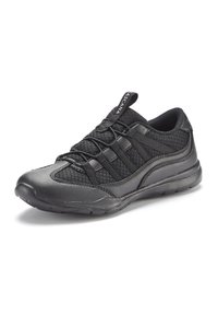 Scarpa sportiva nera con tomaia in rete testurizzata, dettagli sintetici, lacci elastici e suola in gomma progettata per comfort e supporto.