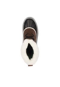 Brauner wasserdichter Winterstiefel mit schwarzem Gummiboden, weißem Fellfutter und grünem Innenfutter. Mit schwarzen Schnürsenkeln und rundem Zehendesign.