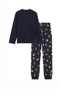 Dva dela pidžame: zgornji del dolgih rokavov v temno modri barvi s krogličnim ovratnikom in temno modri hlače z prazničnimi vzorci živali in zvezd na mehkemu blagu.