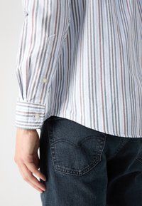 Gestreiftes Langarmhemd in Hellblau, Weiß und Kastanienbraun; mit Knopfmanschette und weichem Stoff. Kombiniert mit dunklen Jeans.