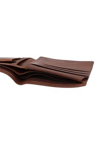 Brown leather wallet with multiple card slots and a zipper compartment, shown partially open on a white background.