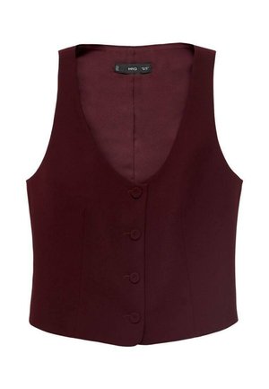 Gilet sans manches bordeaux avec un décolleté en V profond, fermeture à cinq boutons et texture de tissu lisse. Aucun motif ni accent supplémentaire visible.
