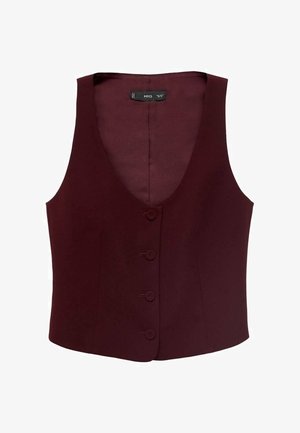 Gilet sans manches bordeaux avec un décolleté en V profond, fermeture à cinq boutons et texture de tissu lisse. Aucun motif ni accent supplémentaire visible.