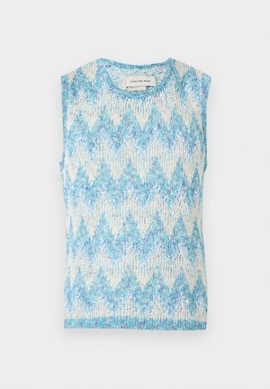 Vestă pulover tricotată fără mâneci, cu model zigzag albastru și alb și decolteu rotund, așezată plat pe un fundal deschis.