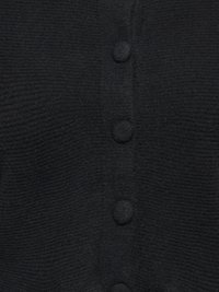Schwarzer, strukturierter Cardigan mit Knopfleiste und vier runden, erhabenen Knöpfen entlang der Mitte. Weicher, gestrickter Stoff.