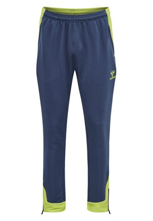 Marineblå stræk joggers med limegrønne sidelæg, elastisk talje, sidelommer og lynlåsgufer. Glat, let stoftekstur.