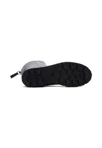 Black rubber outsole with a rugged tread pattern. Upper part is gray, with a sleek design and a pull tab for easy wear. Size marked as 36.
