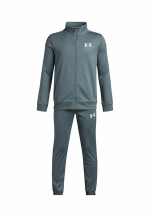 Gray zip-up sports jacket and matching pants with white Under Armour logos on chest and thigh, shown on white background.