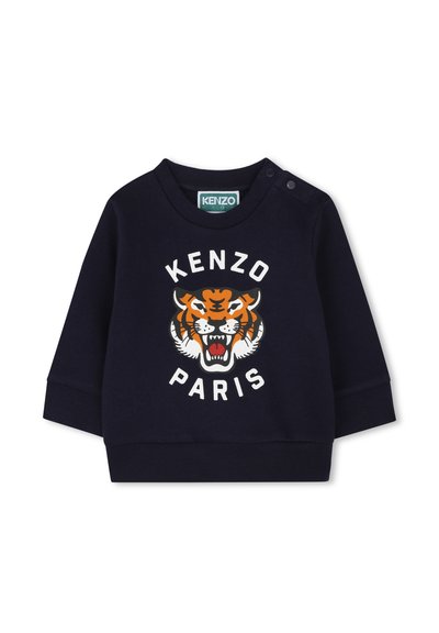 Marineblauwe sweatshirt met ribbels aan de boorden, met een oranje en witte tijgerafbeelding en de tekst "KENZO PARIS", bevestigd met drukknoopsluiting.