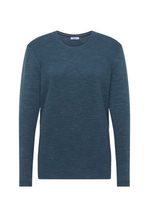 Suéter texturizado de color azul oscuro con cuello redondo y mangas largas. Presenta suaves franjas horizontales y una tela de punto suave.